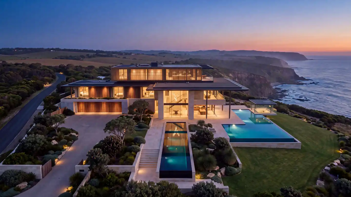 The estate at dusk, every window lit, the pool glowing against a darkening ocean.